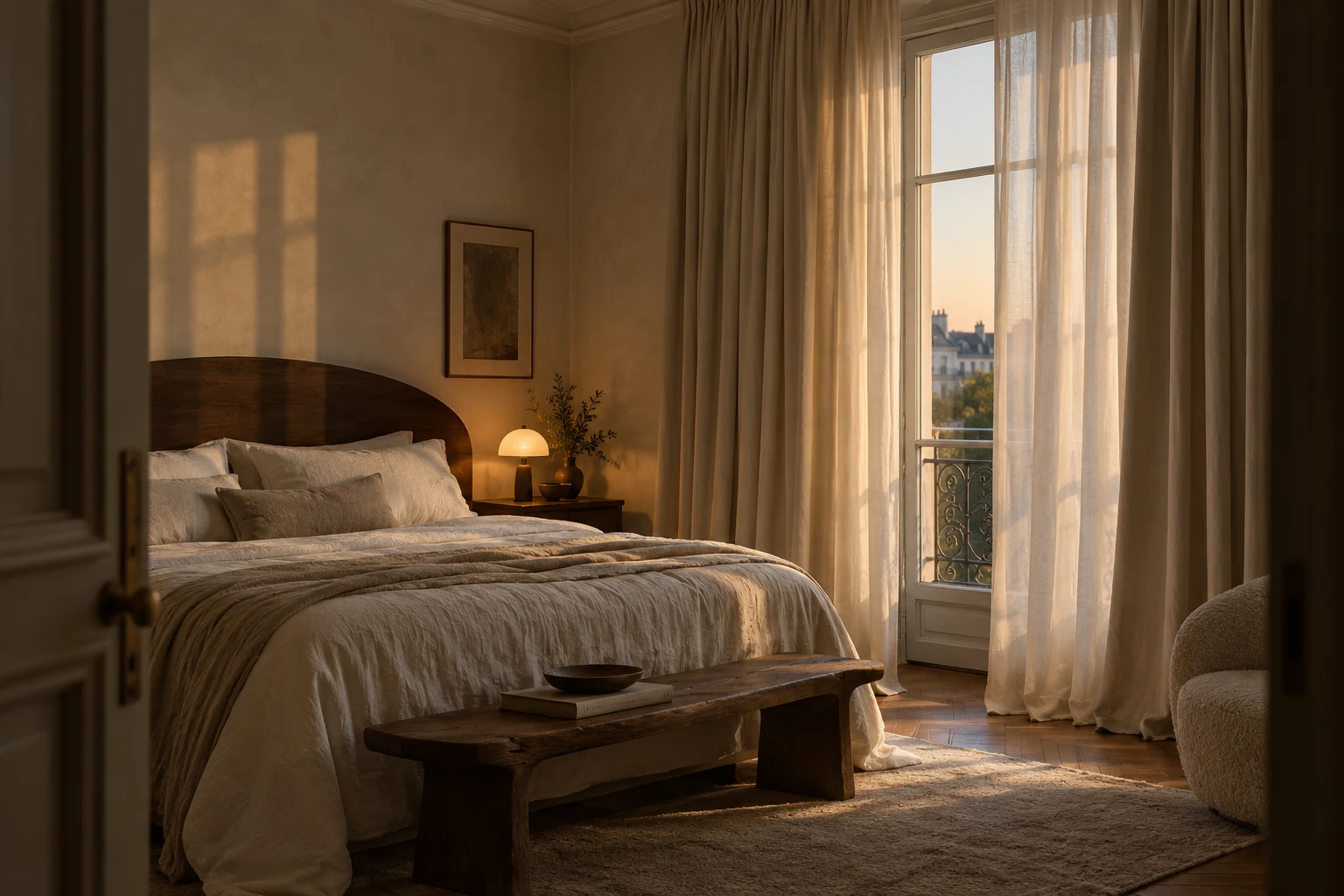 Une chambre chaleureuse et ses rideaux clairs, ambiance NUITERA