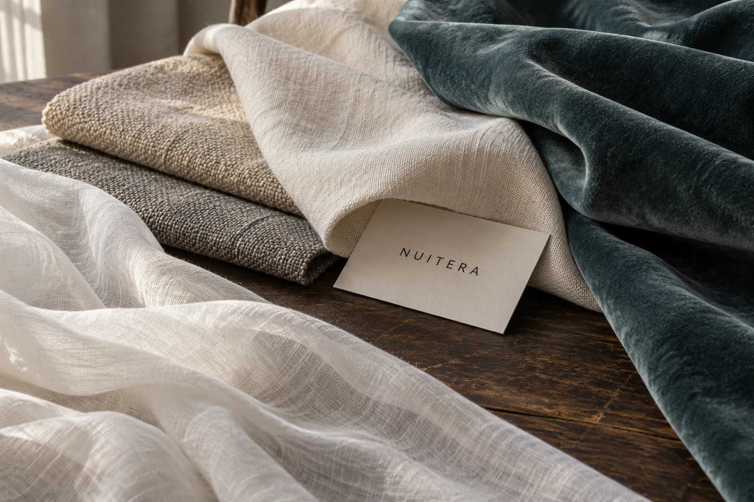 Étoffes et nuancier NUITERA sur une table en bois, étude de matières