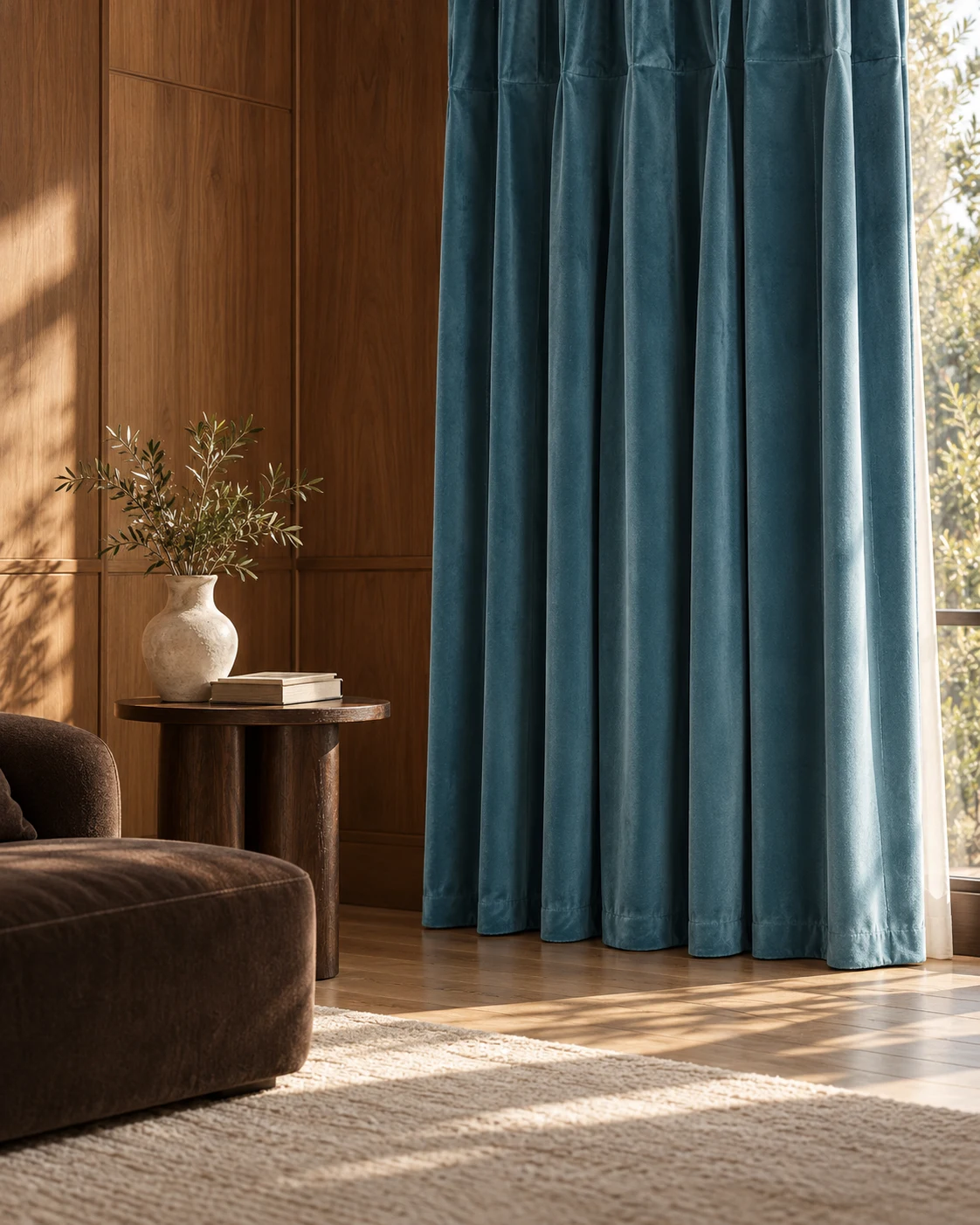 Un rideau bleu profond dans un intérieur aux murs de bois, ambiance NUITERA