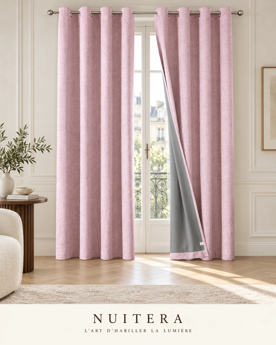 Rideau aspect lin enduit à œillets — visuel d’ambiance NUITERA